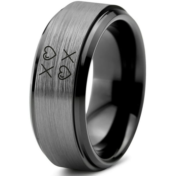 Stainless Steel Black Matte Finished Open Love Heart Link Fancy Ring 